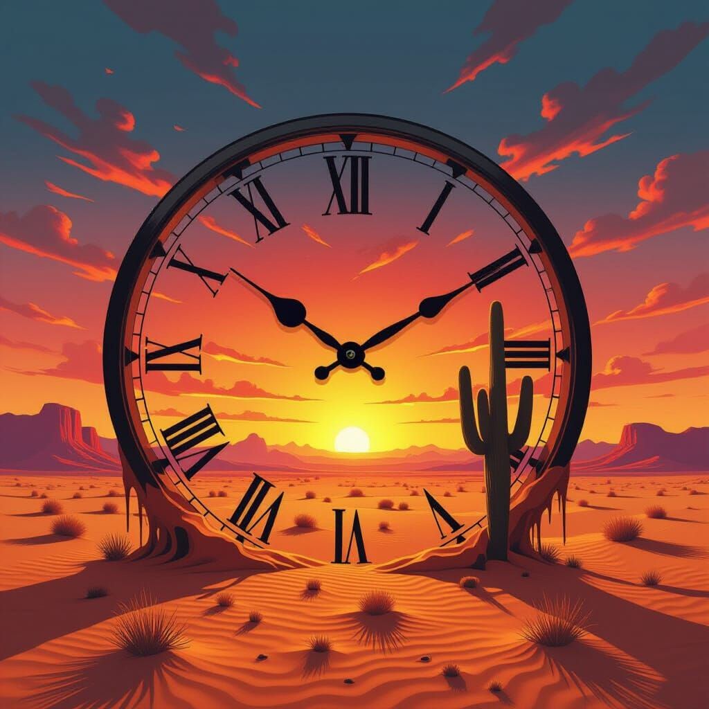 Surreal Melting Clock in Alien Desert Landscape