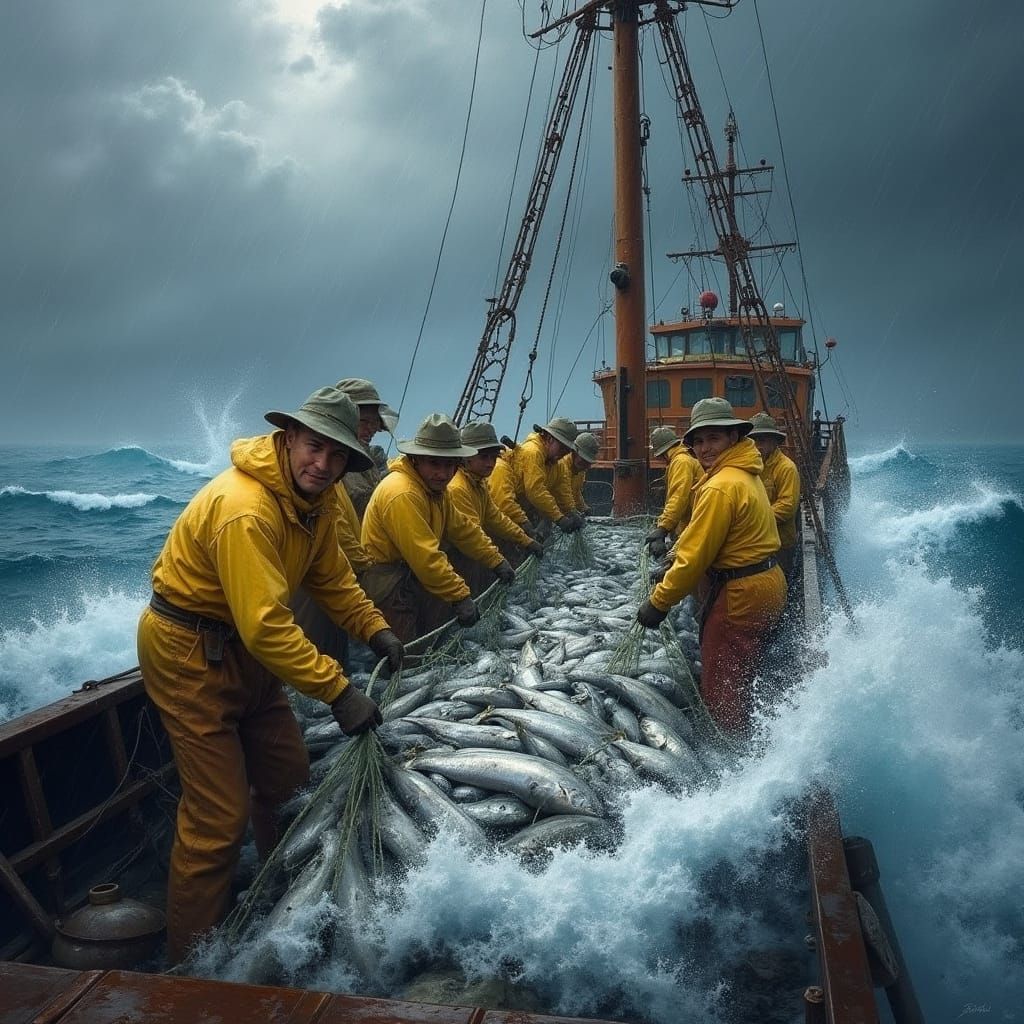Fishermen Hauling Net on Stormy Seas Oil Painting