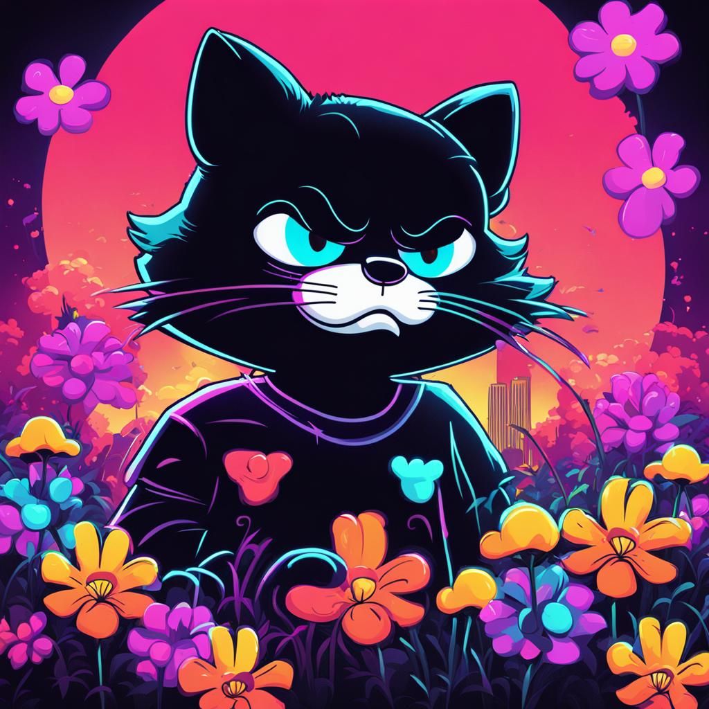 Felix the Cat with Spring Flowers in Synthwave Style