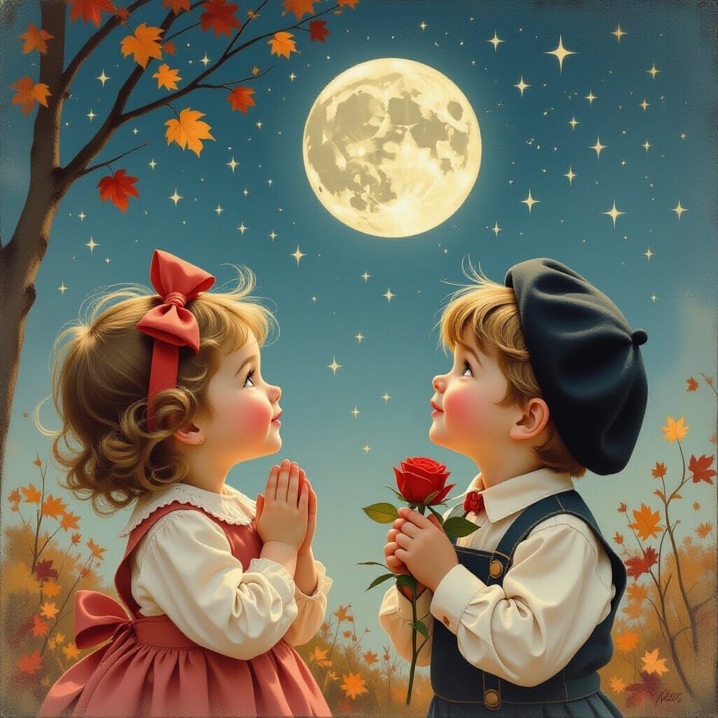 Children Admire Full Moon in Starry Autumn Sky
