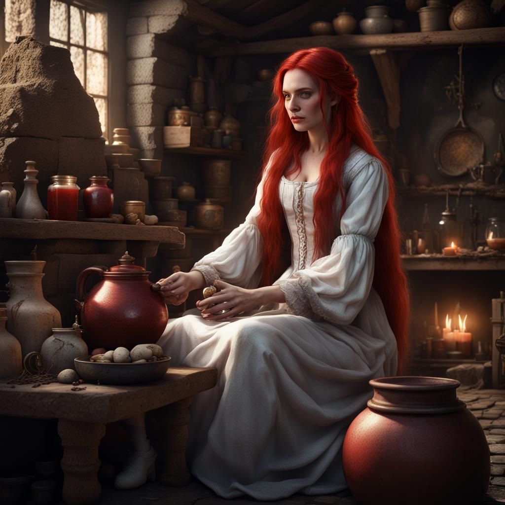 Medieval Woman Creating Potions