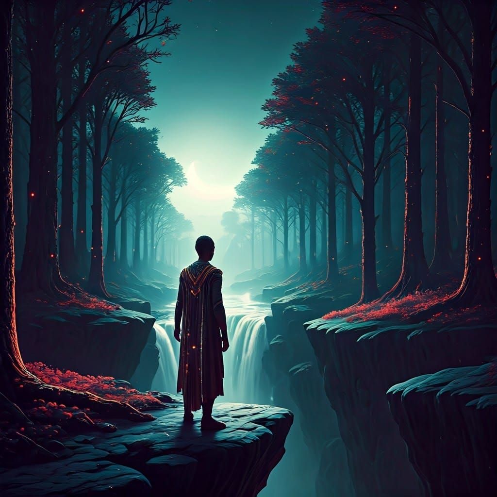Mystical Figure Ponders Existence on Moonlit Cliff
