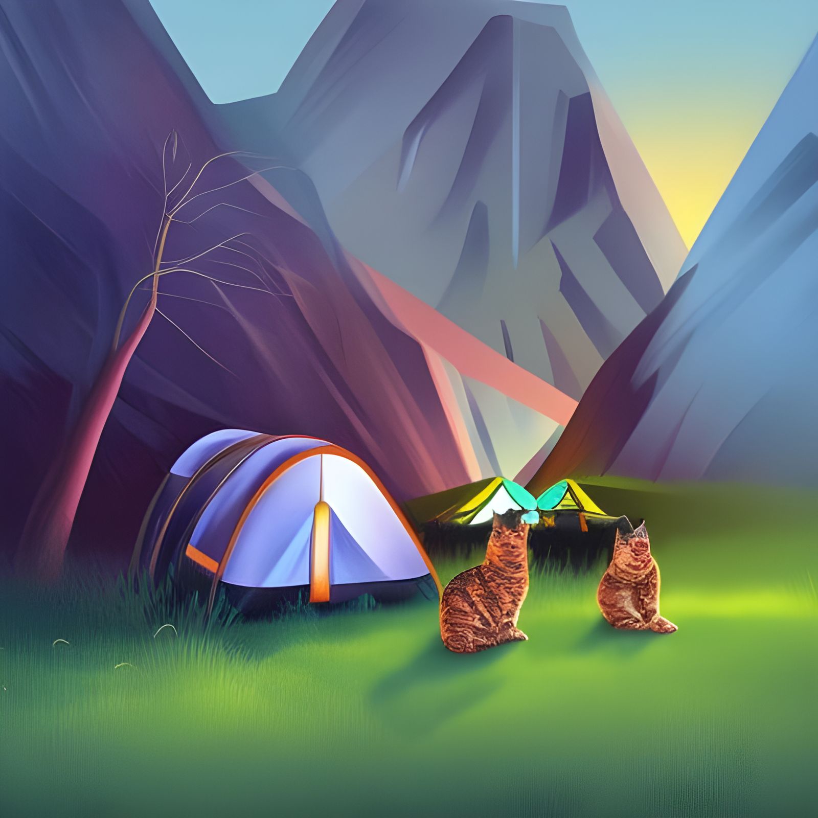 Camping Cats in a Futuristic Landscape
