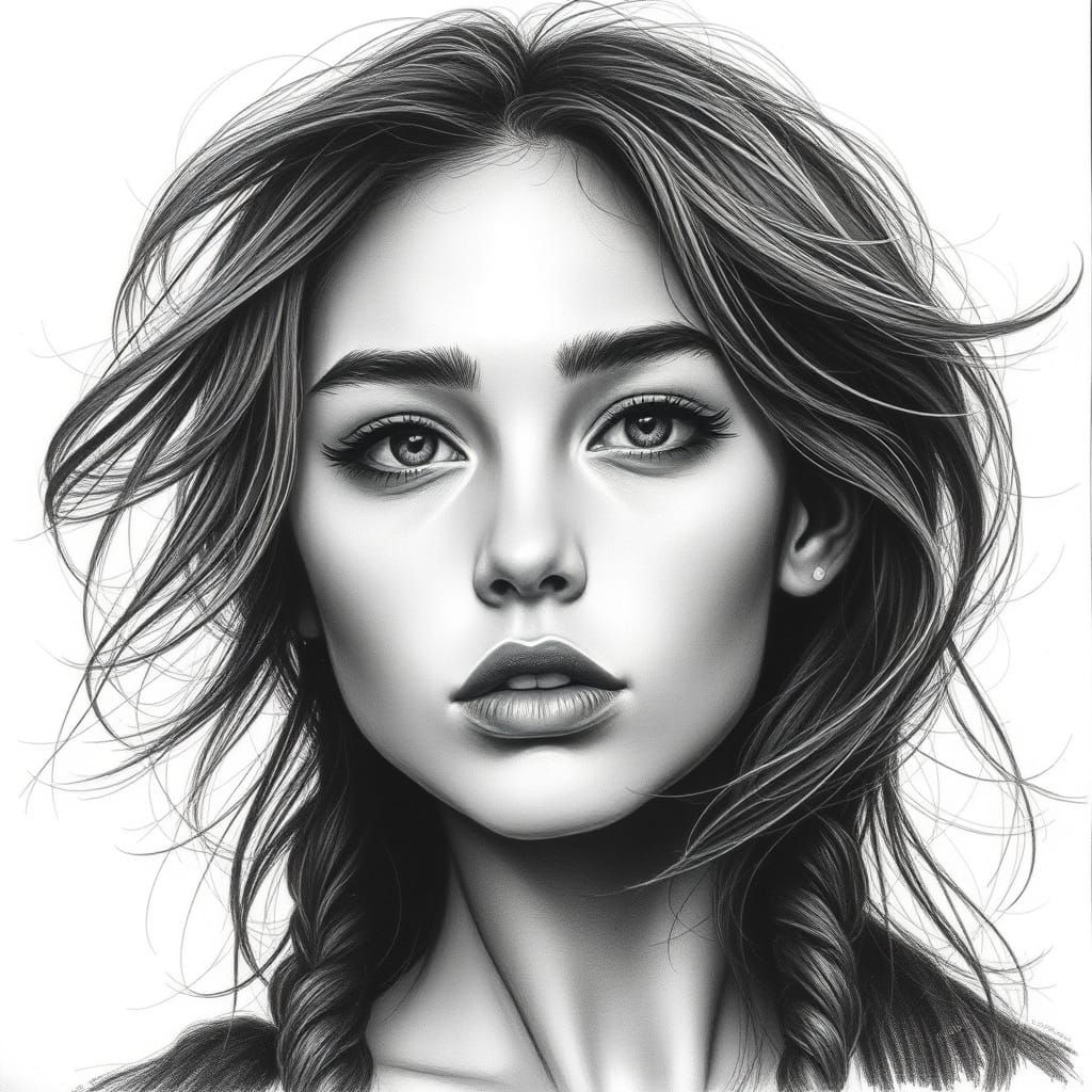 Hyperrealistic Charcoal Portrait of a Young Woman in Contemp...