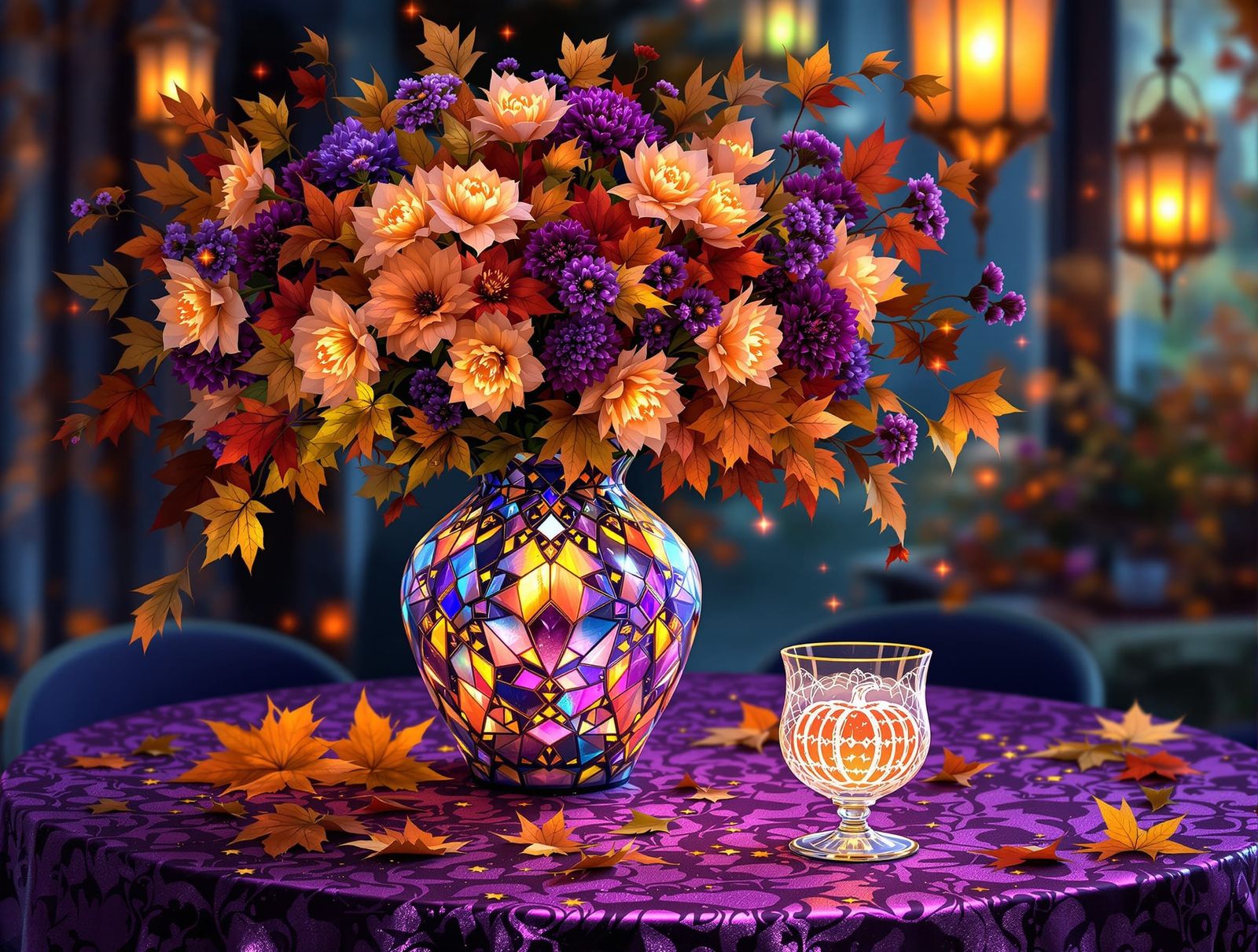 Iridescent Tiffany Vase with Autumn Flowers, Art Nouveau Sty...