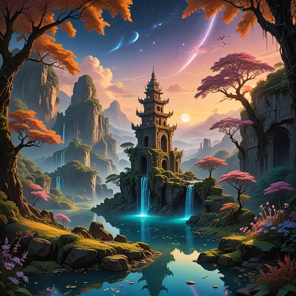 Alien Valley with Bioluminescent Flora and Twin Suns