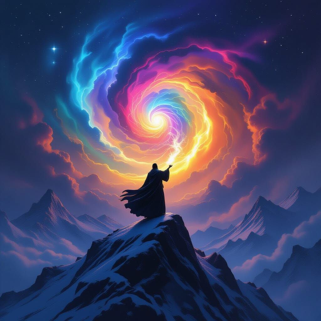 Magician Conjures Energy on Snowy Mountain Peak in Surreal S...