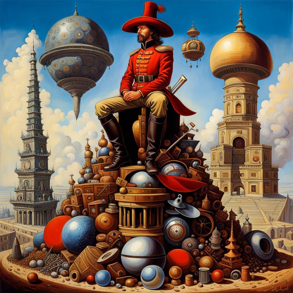 A painting of a man sitting on top of a pile of objects