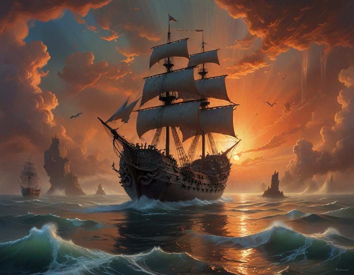 Ghost Ship Adrift on Phosphorescent Seas