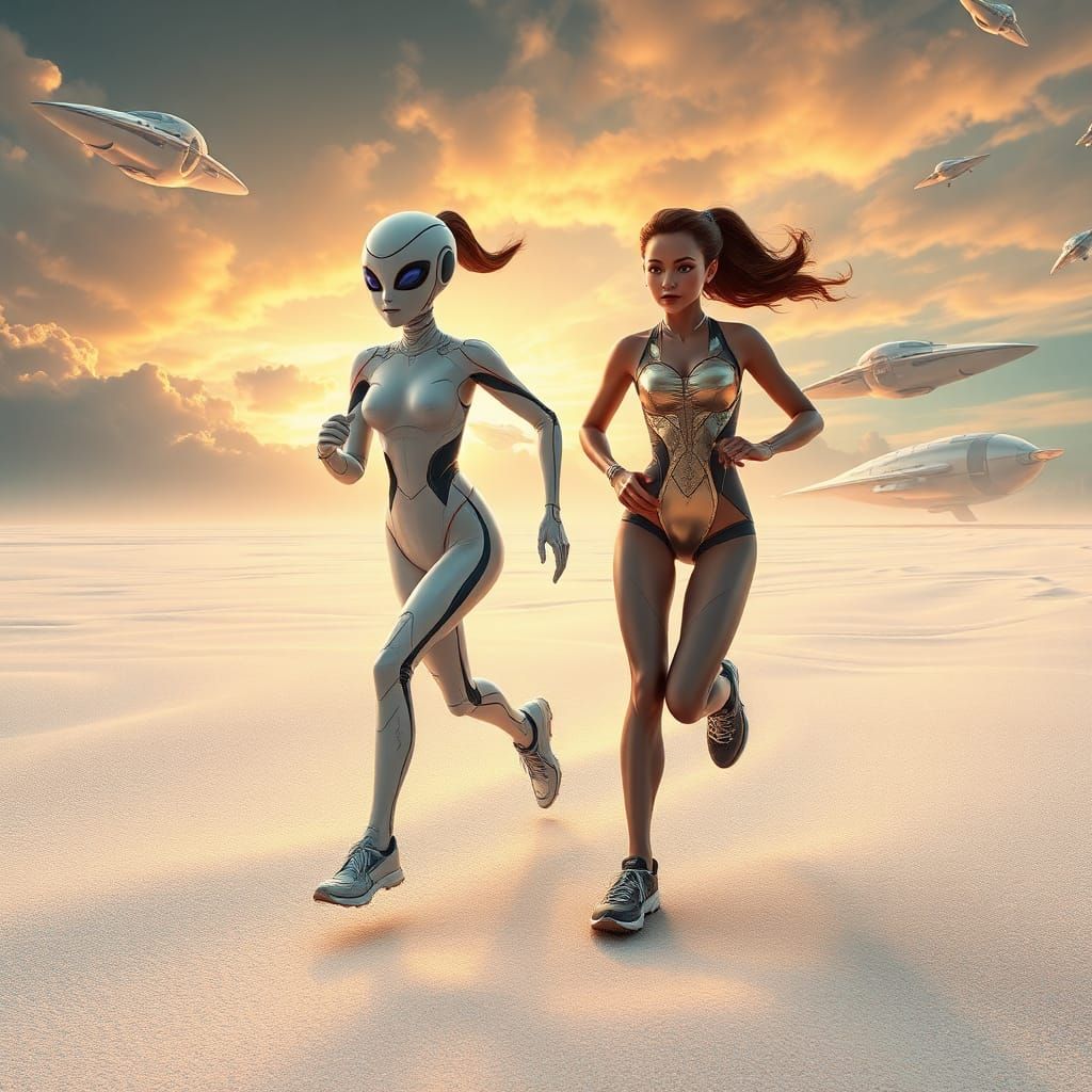 Android Runs on Alien Beach with Spaceships