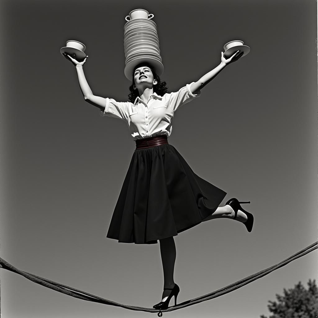 1950s Waitress Balances Dishes on Tightrope