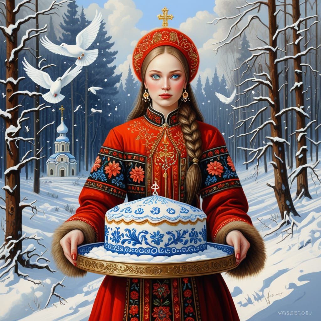 Girl Holds Christmas Cake with Dove Over Orthodox Church in ...