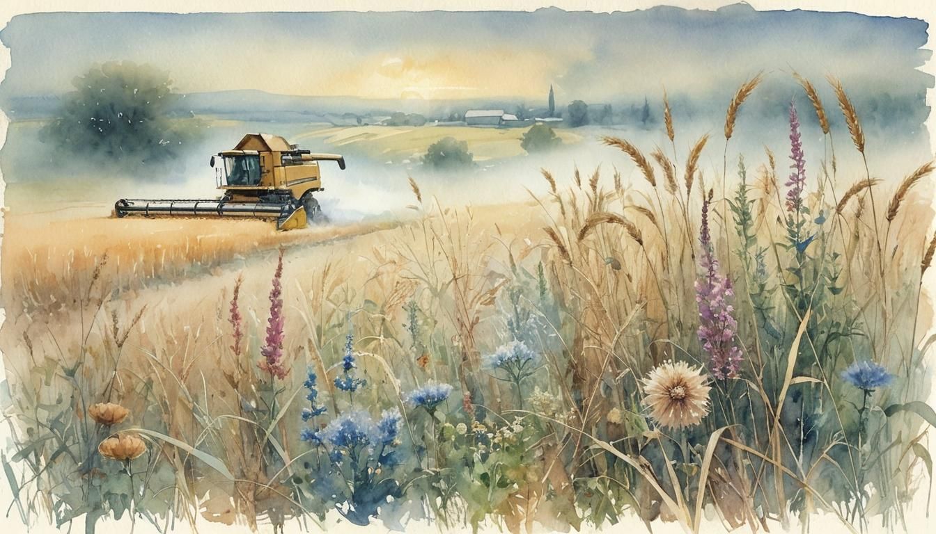 Watercolor Fields: Combine Harvester in Impressionist Landsc...