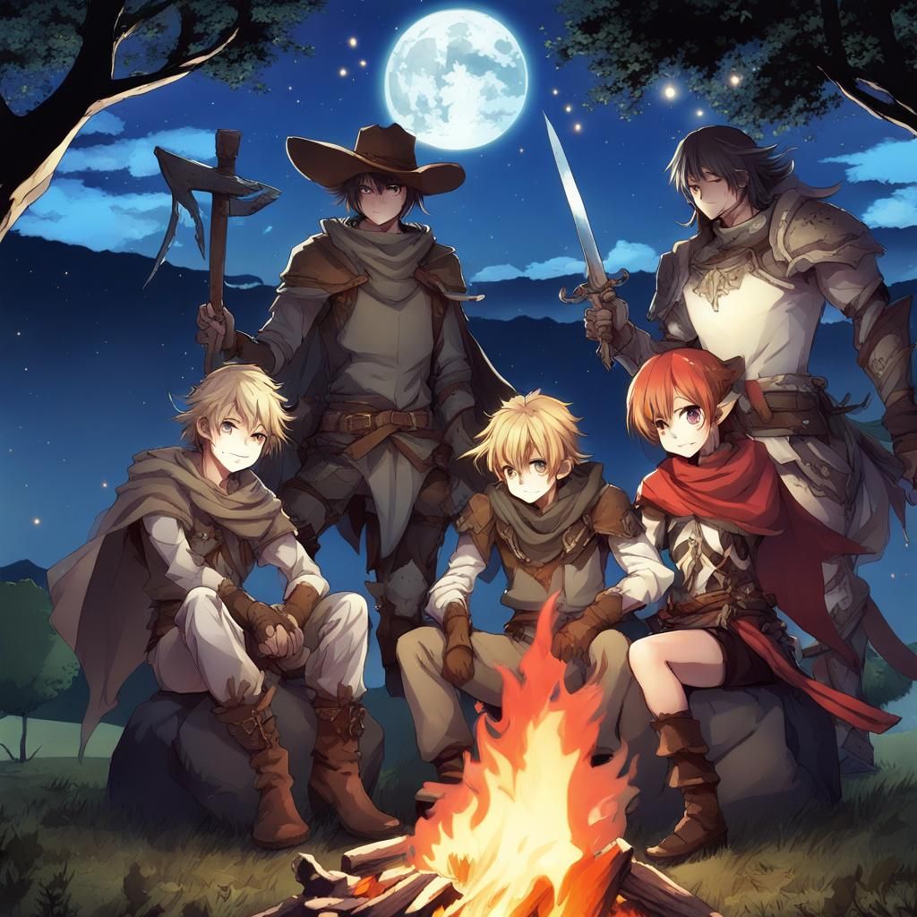 Fantasy Adventurers Campfire Scene in Anime Style