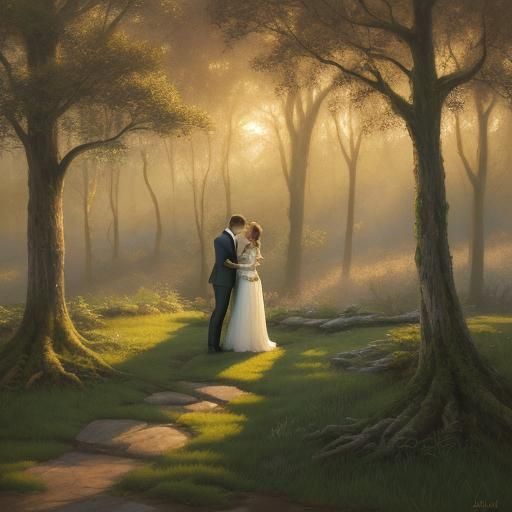 Lovers Kissing Under Oak Tree in Impressionistic Style