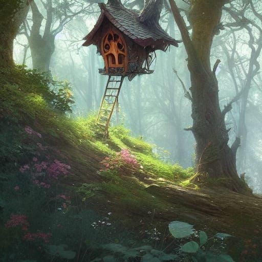 Enchanting Fairy House in Tree, Detailed Concept Art