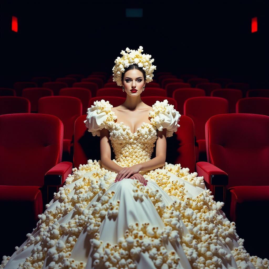 Woman in Popcorn Gown in Dark Cinema