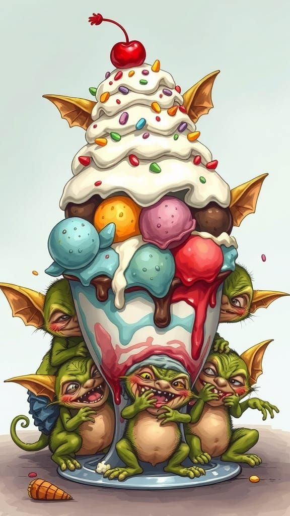Gremlins feasting on a giant ice cream sundae