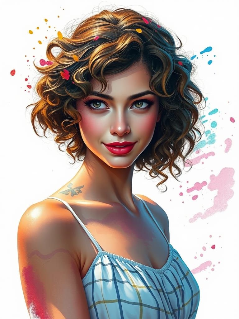 Beautiful Woman with Shy Smile in Acrylic Art