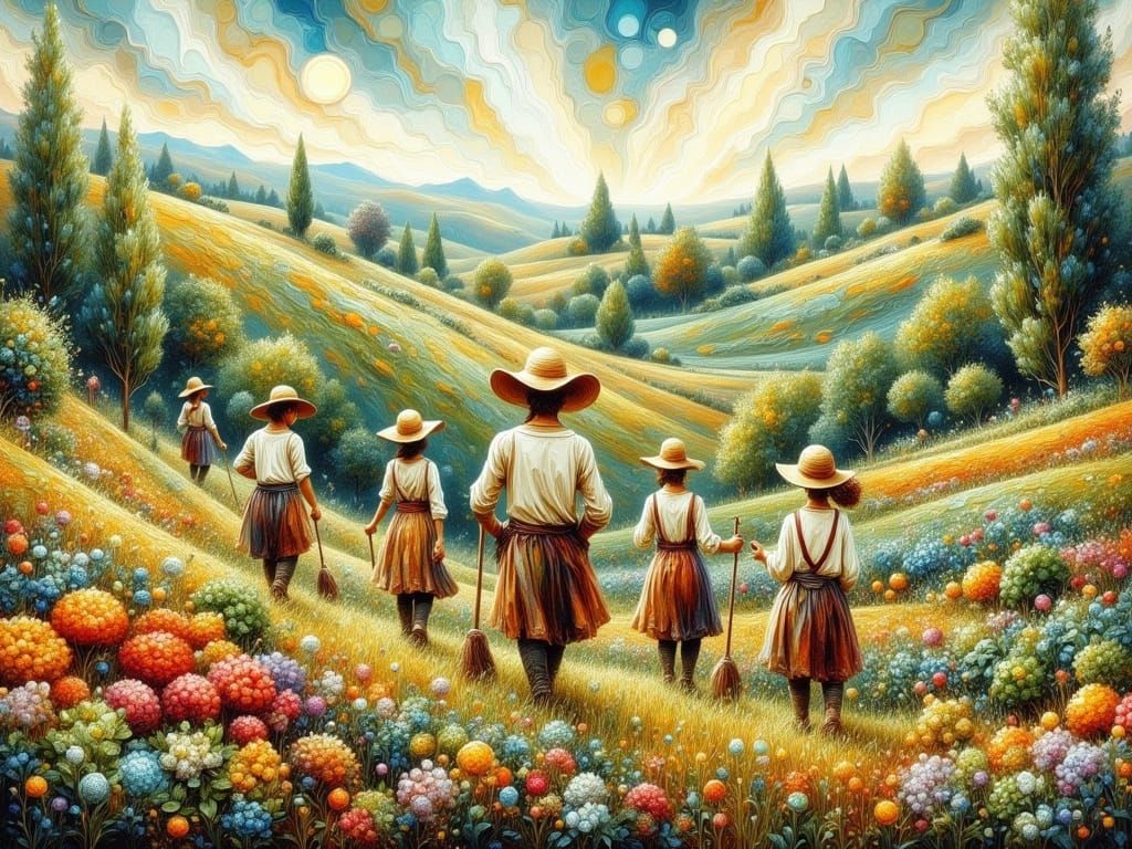 Farmers Tending to Terraced Gardens in Vibrant Digital Illus...