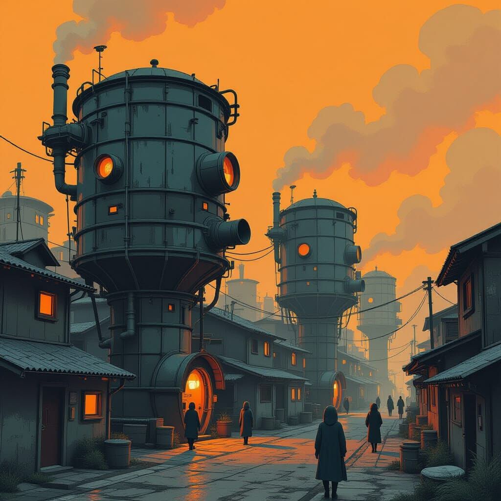 Futuristic Cityscape with Barrel Houses and Masked Figures