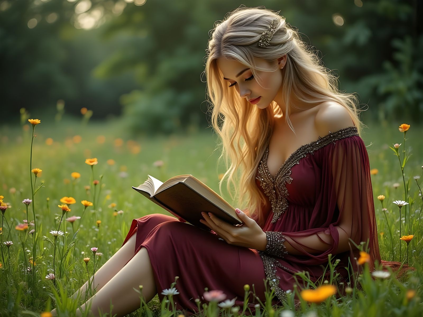 Norse Goddess Reading in Enchanted Grasslands