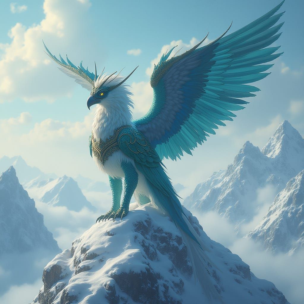 Griffin in Icy Armor on Mountain Peak