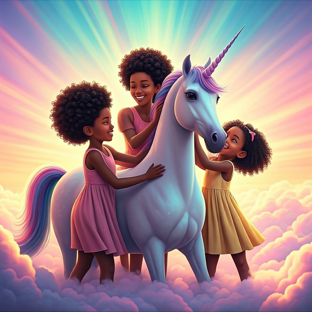 Girls, Mom, and Unicorn in a Whimsical Sky
