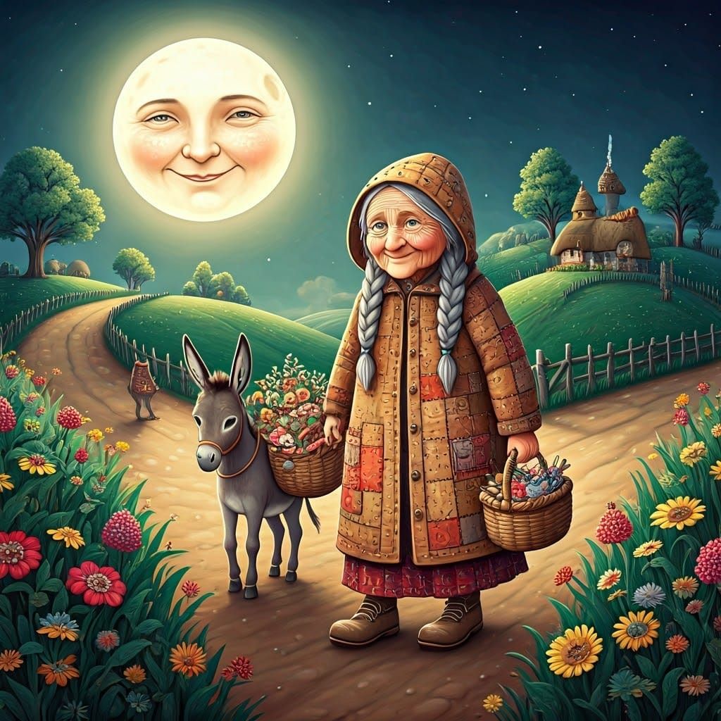 Whimsical Folk Art Portrait of Elderly Woman Walking with Do...