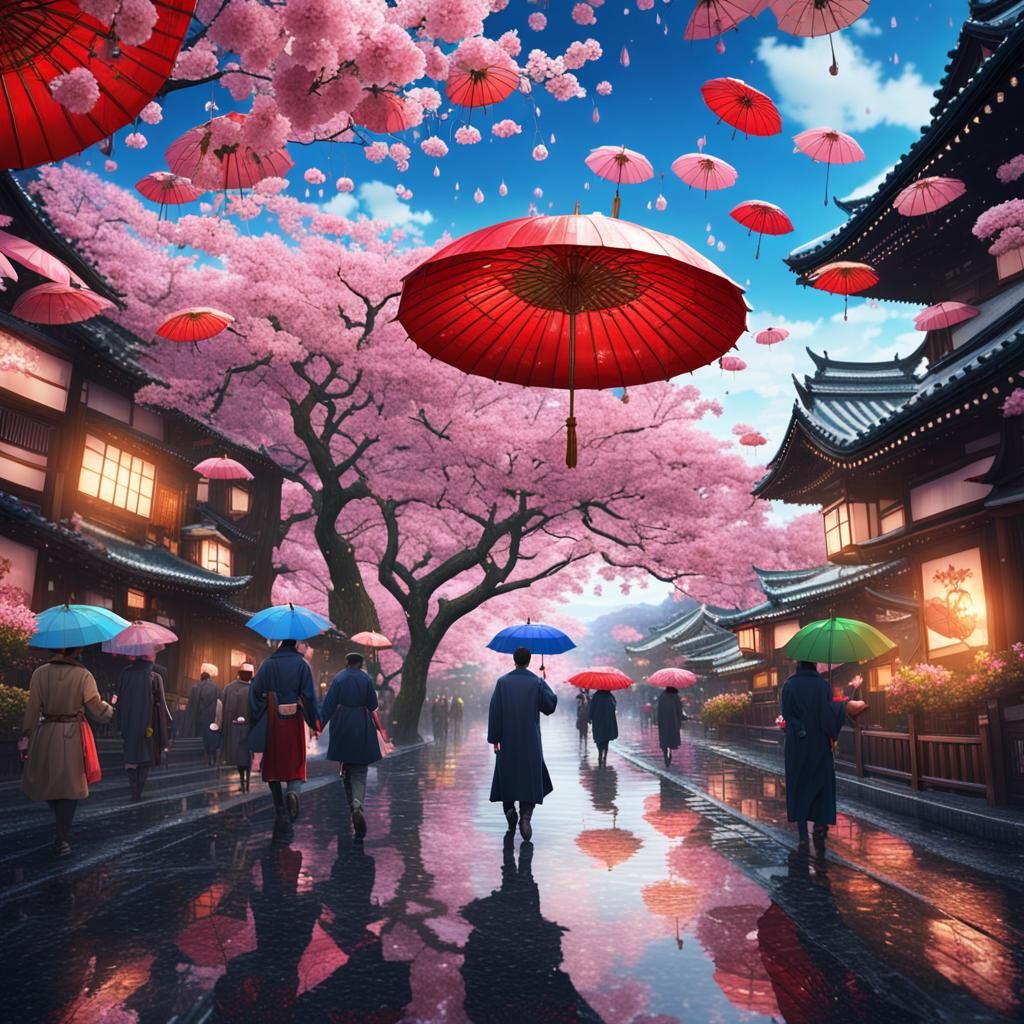 Colorful Umbrellas in Japan During Cherry Blossom Season
