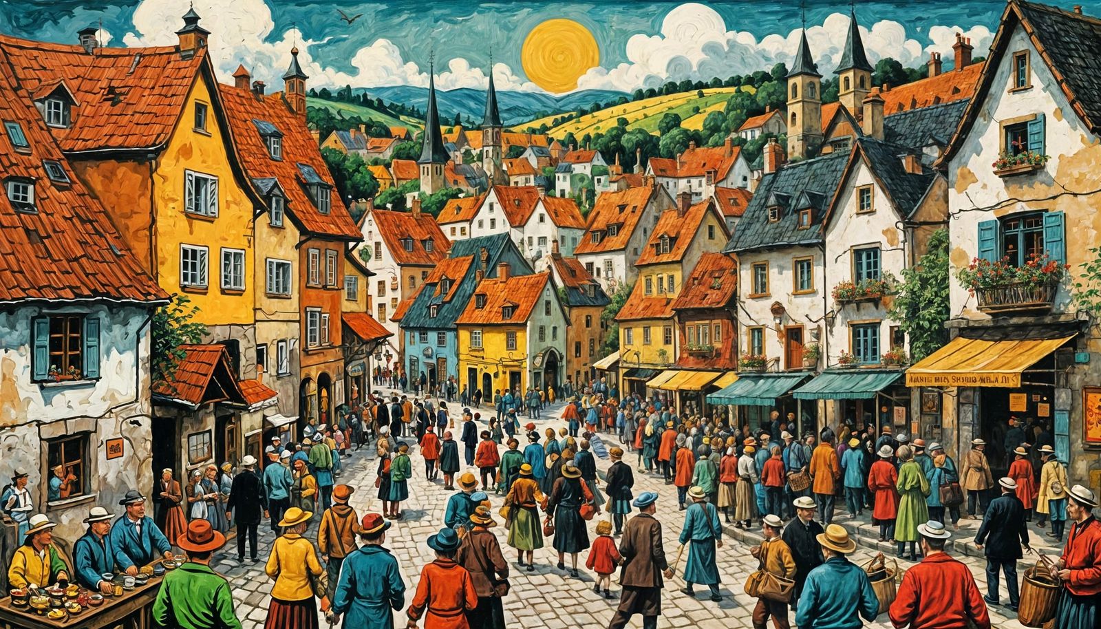 Bustling European Village in Naive Folk Art Style