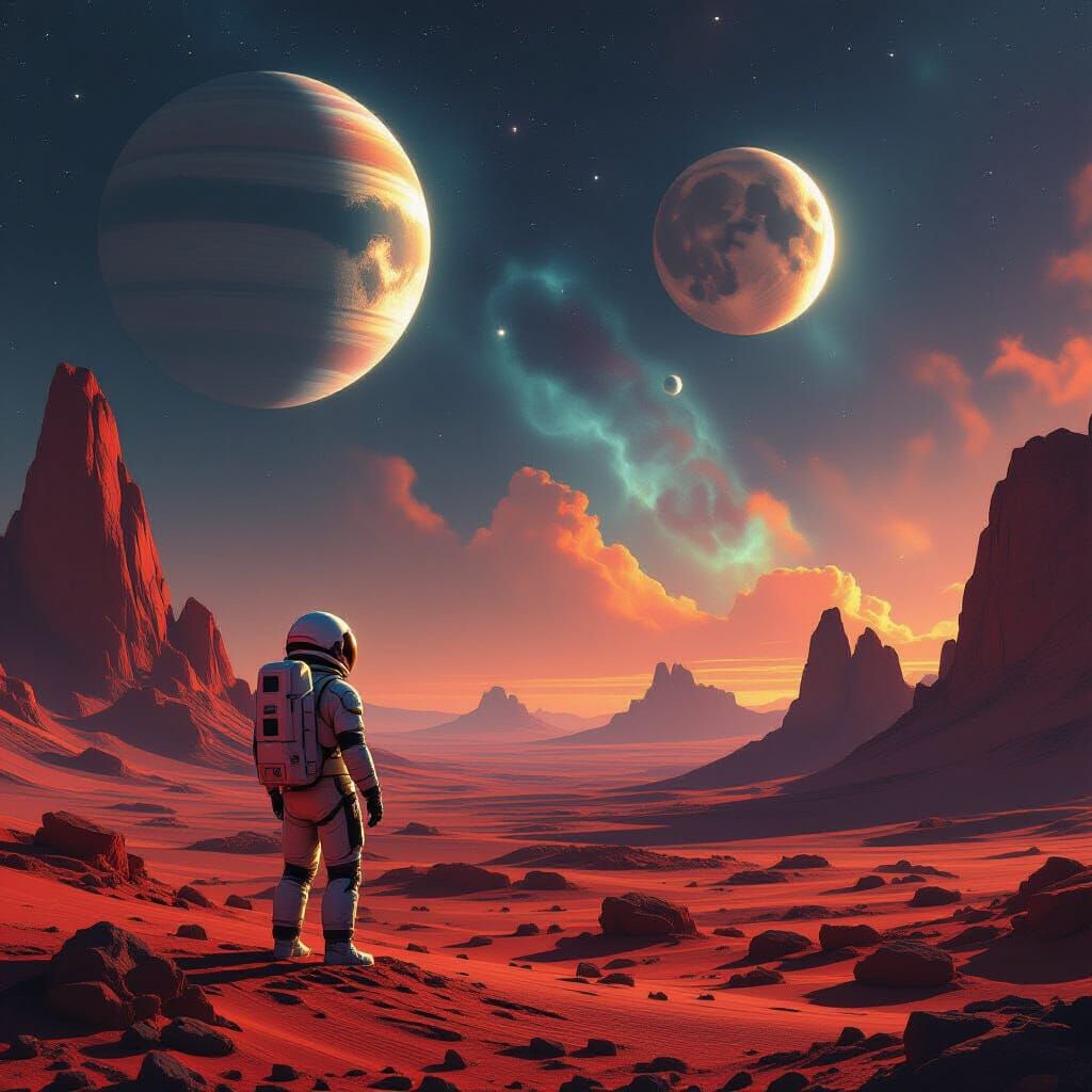 Astronaut on Alien Planet Under Nebula Sky
