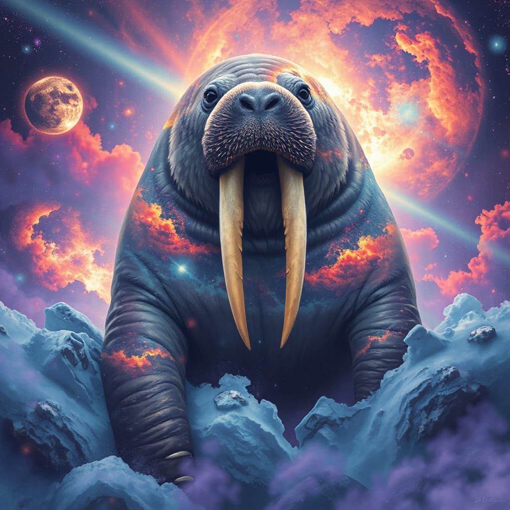 Ethereal Galactic Walrus Amidst Vibrant Cosmic Nebulae