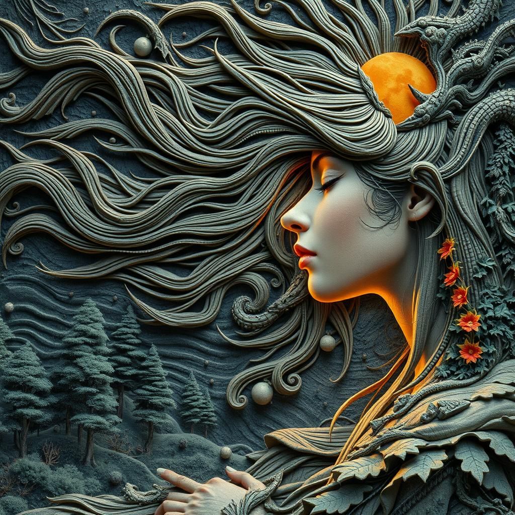 Surreal Woman Plants Sun and Moon: Detailed Astrophotography