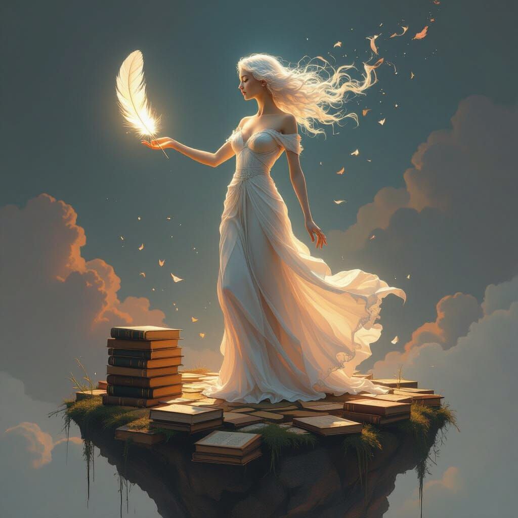 Ethereal Woman Offering Light Feather on Book Island
