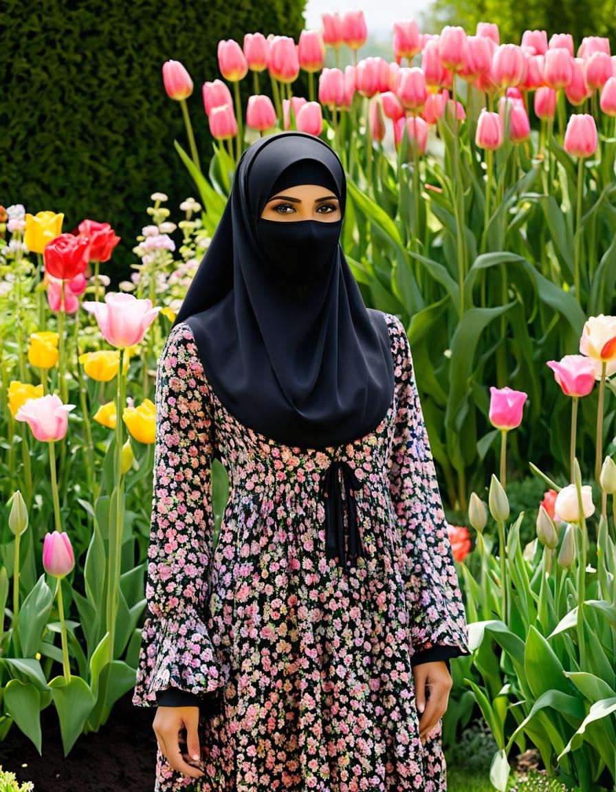 Beautiful Niqabi Woman in Flower Garden