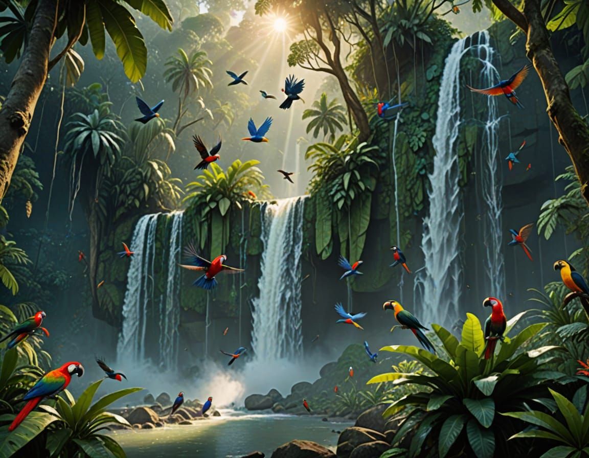 Vibrant Tropical Birds in Misty Rainforest Waterfall