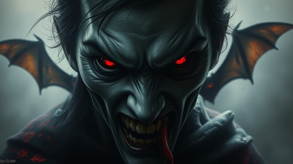 Terrifying Vampire Double Exposure in Ethereal Oil Painting