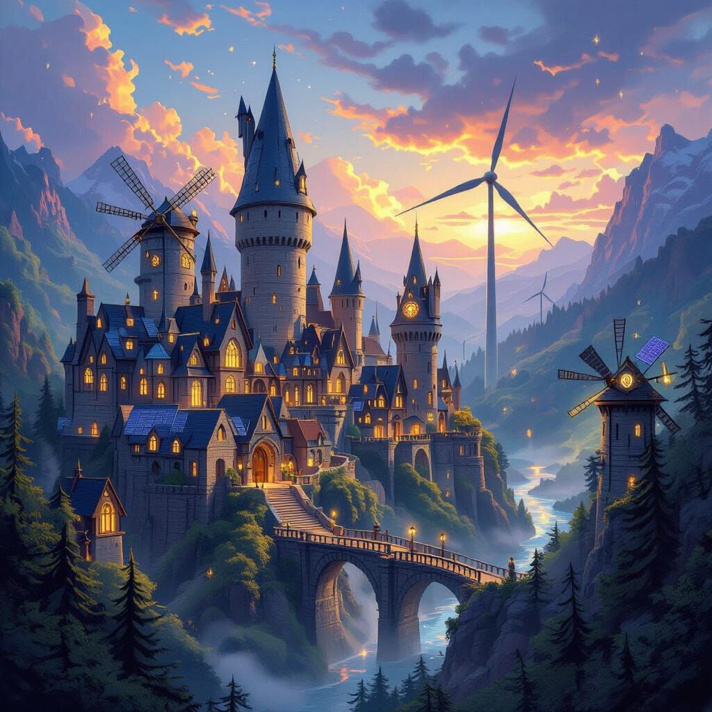 Magical Wizard School with Wind Turbines and Solar Panels