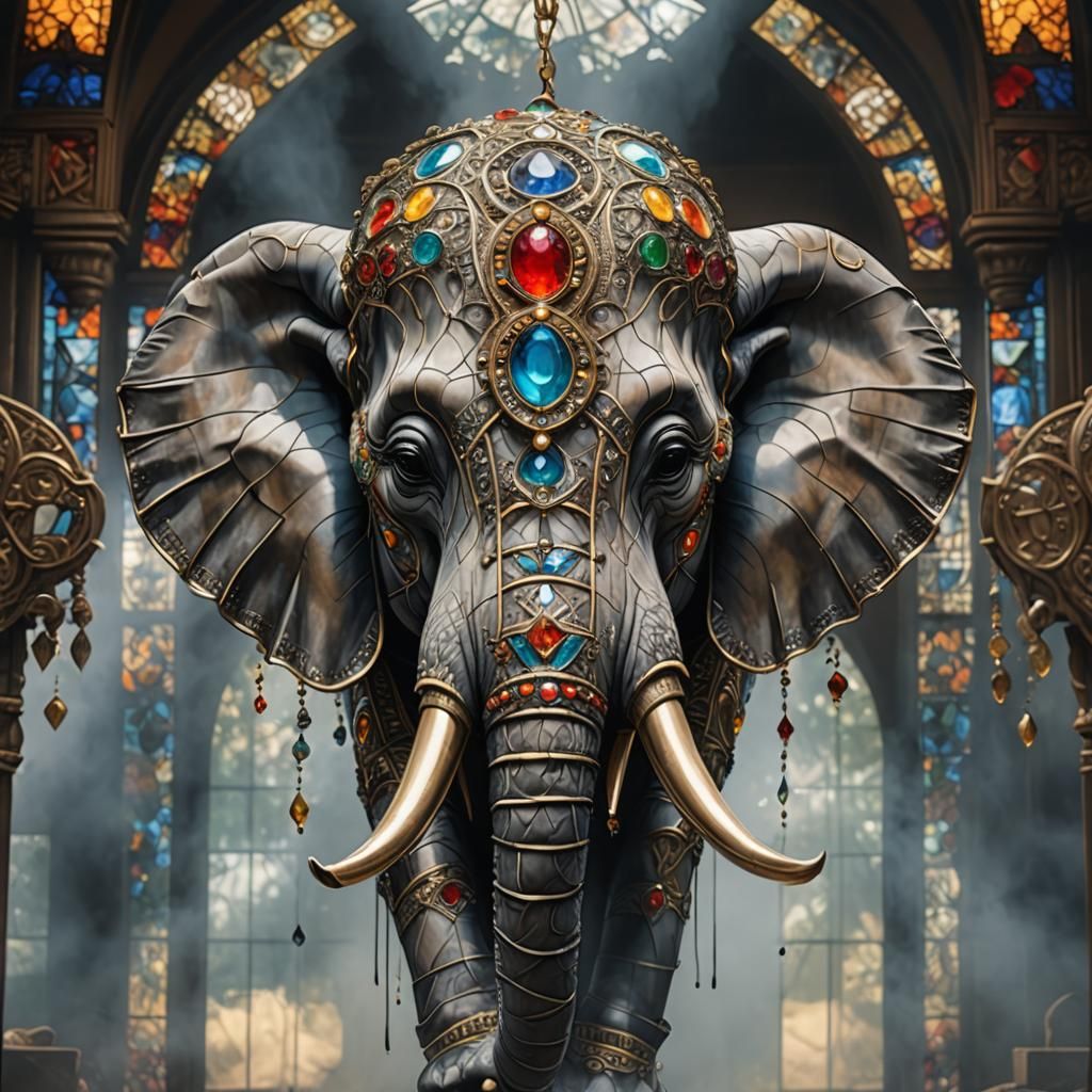 Ornate Elephant Mask Floating in Smoke