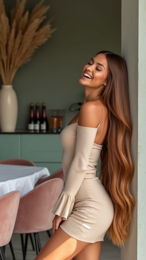 Hyper-Realistic Portrait of Joyful Woman in Chic Dining Spac...