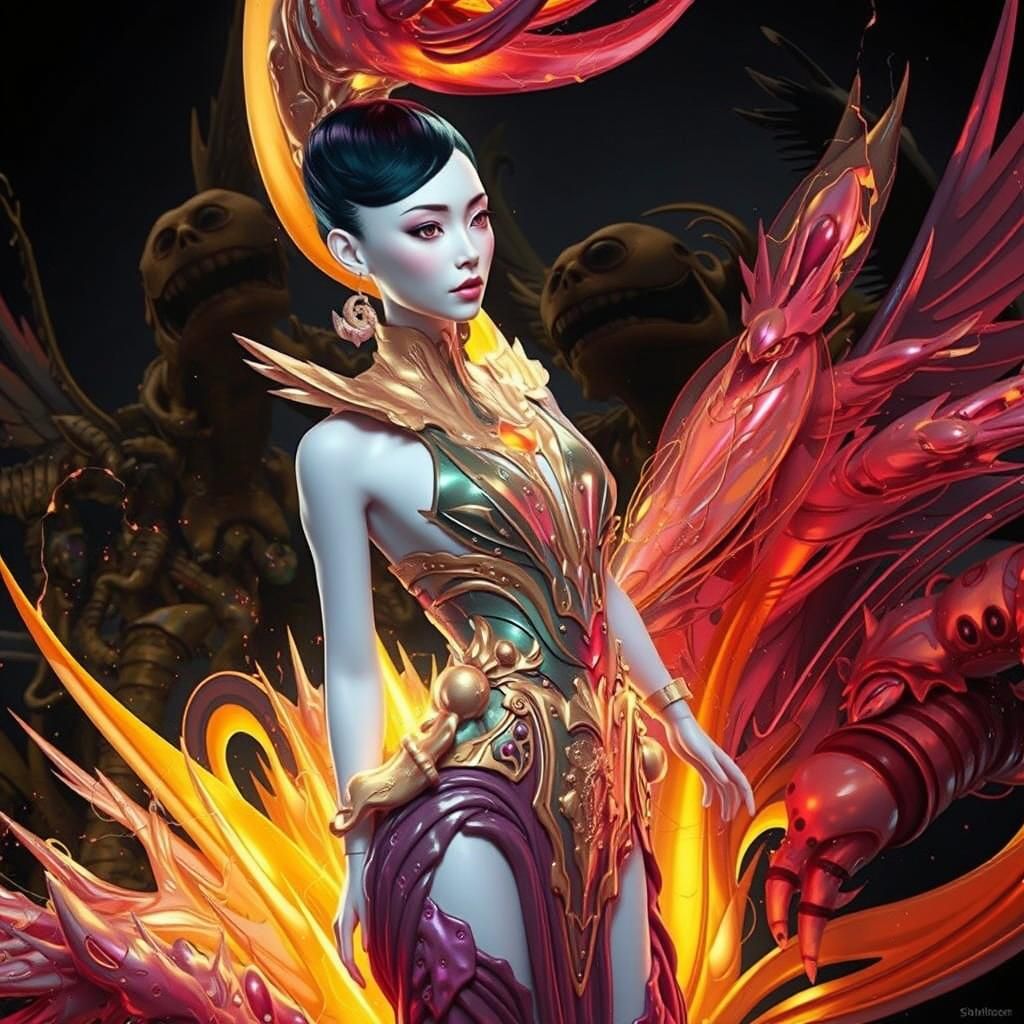 Metallic Iridescent Figure in Retrofuturistic Workshop