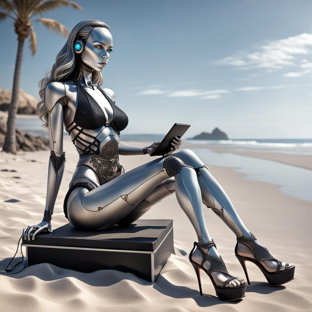 AI Humanoid Woman Relaxes on Beach: Hyperrealistic HDR