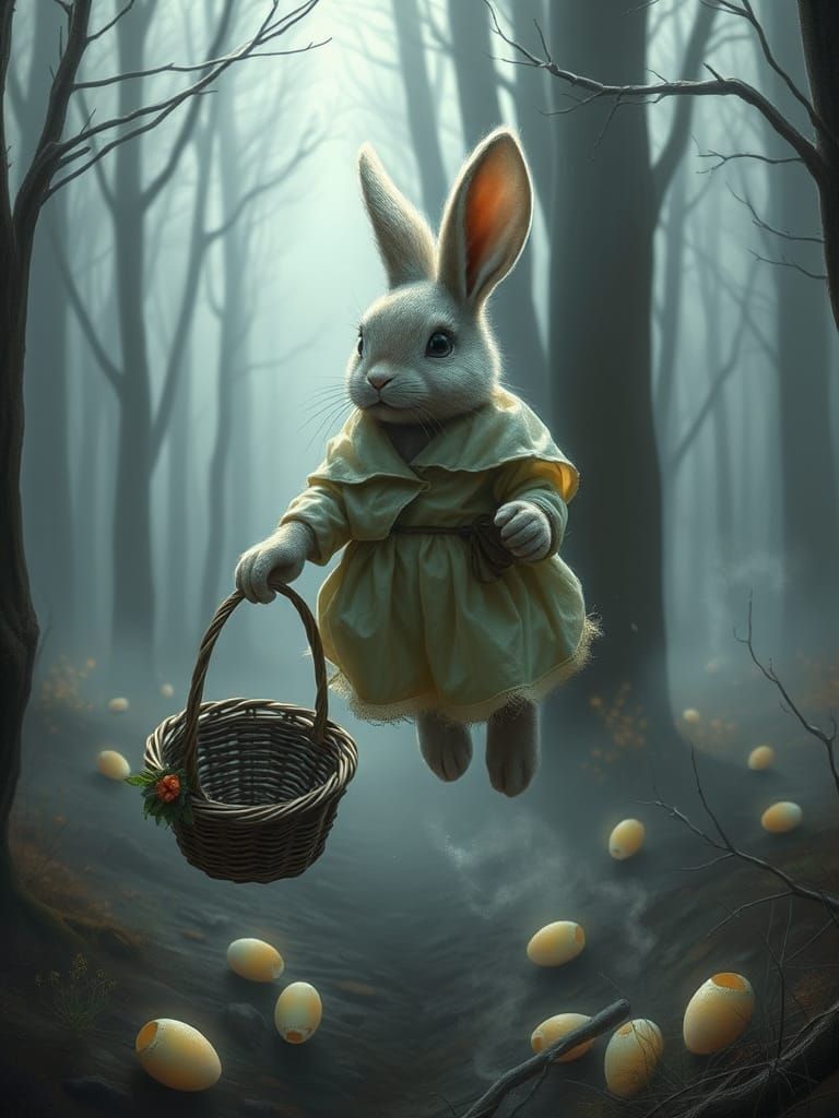 Whimsical Easter Bunny Drifts Through Enchanted Forest