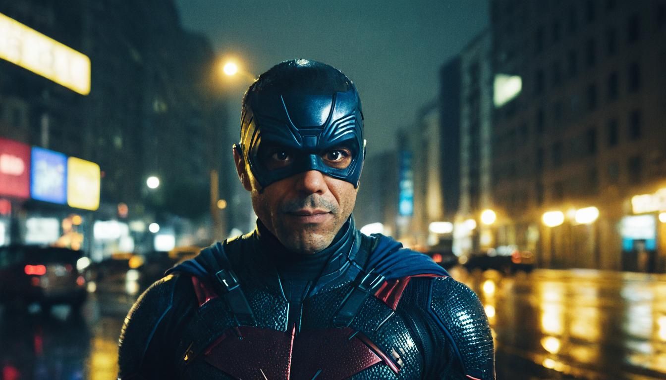 Superhero Portrait in Rainy City, Cinematic Style