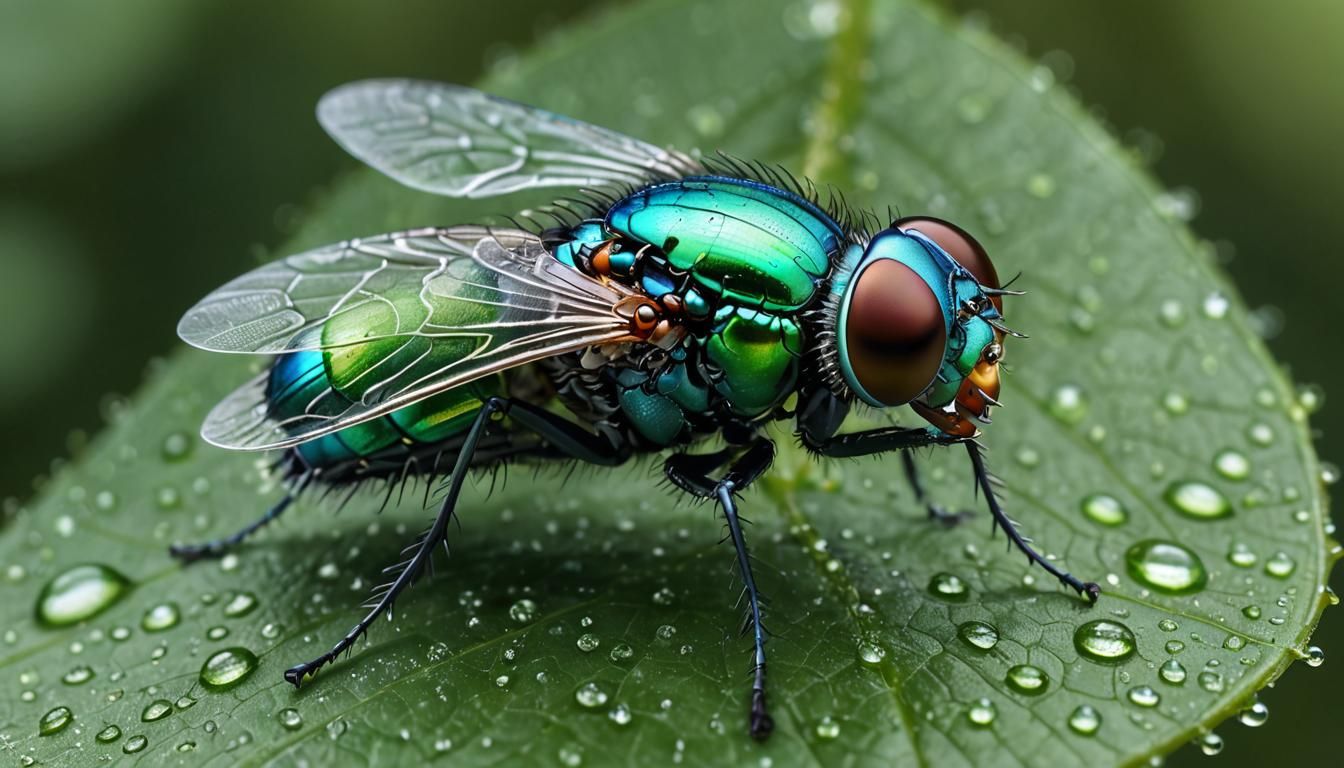Iridescent Fly Macro Photograph in Hyper-Realistic Style