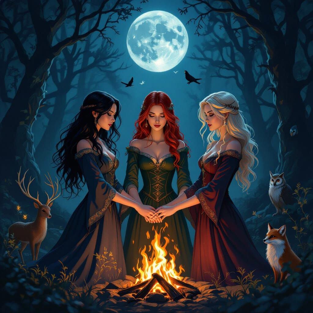 Women in Dark Forest Gather Around Bonfire