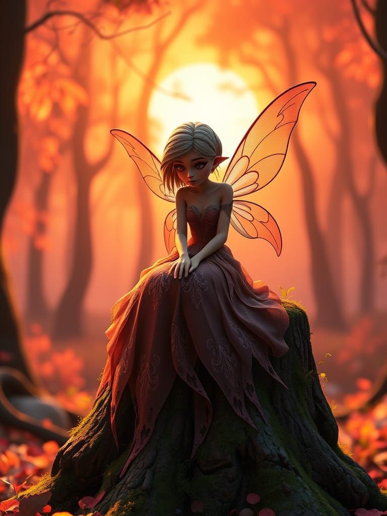 Sad Fairy in Sunset Forest: 3D Digital Art