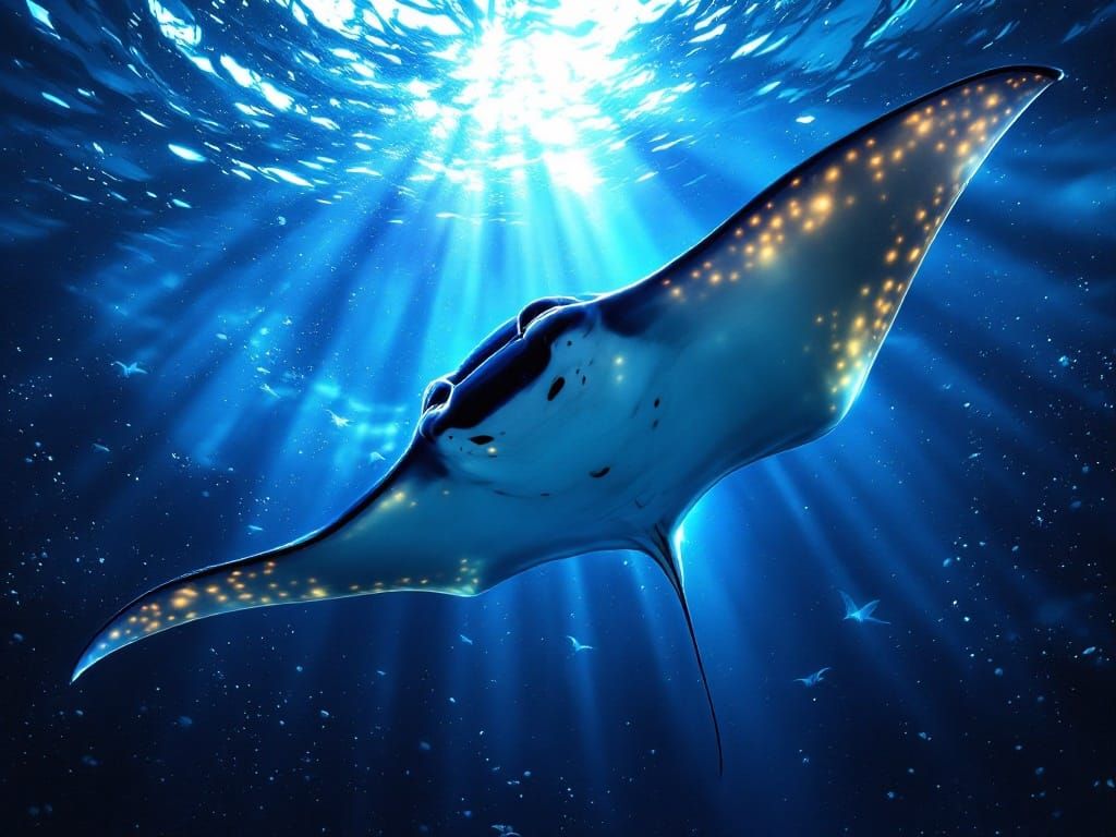 Giant Manta Ray in Sunlit Ocean, Pointillism Style