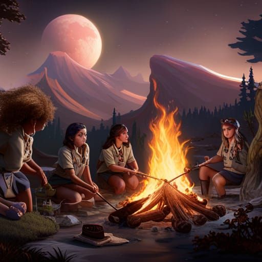 Girl Scouts Campfire Scene in Detailed Matte Painting